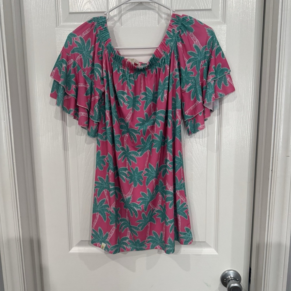 Womens Simply Southern off the shoulder top pink with palm trees Medium